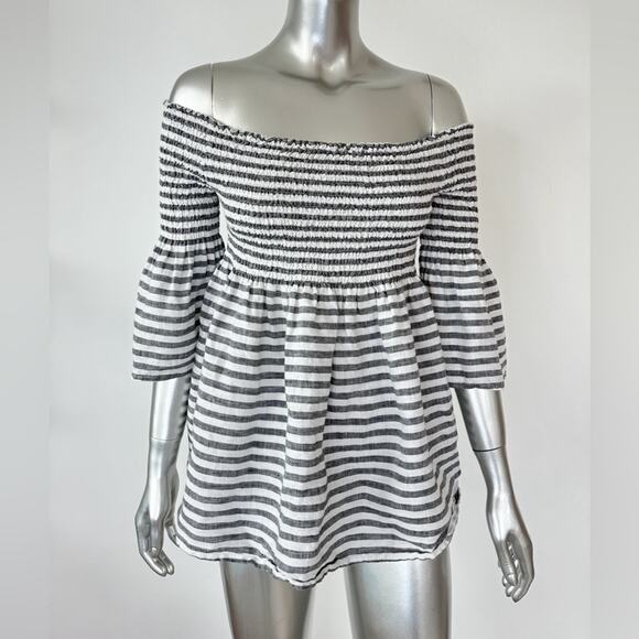 C&C California Smocked Bell Sleeve Striped 100% Linen Top Medium - Picture 1 of 8